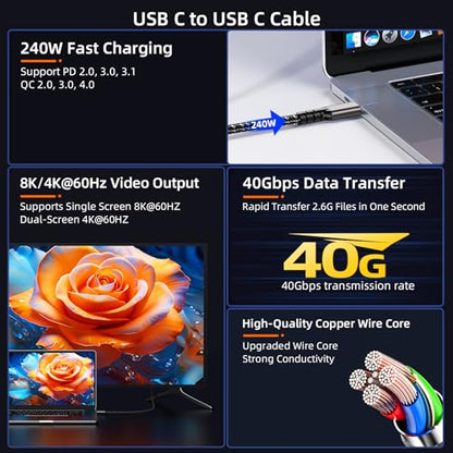 USB C Cable for Thunderbolt 4/3 Cable 3.3ft 2-Pack, 40Gbps/240W/8K/4K@60Hz - color: Grey, size: 3.3FT+3.3FT, style: Straight