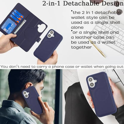 Ｈａｖａｙａ for iPhone 16 Case Detachable Wallet Case with Card Holder，2 in 1 Pu Leather Flip Folio Credit Card Slots Stand Compatible Magsafe Magnetic Shockproof Phone Cover (6.1")-Blue - color: Blue-Detachable