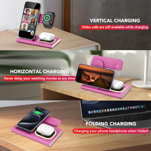 3 in 1 Foldable Charging Station for Apple Wireless Charger - color: Rose Pink
