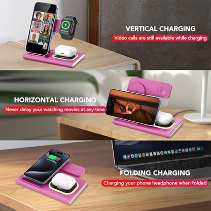3 in 1 Foldable Charging Station for Apple Wireless Charger - color: Rose Pink