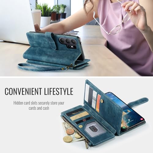 Compatible with Samsung Galaxy S26 Ultra Wallet Case with Card Holder Kickstand Magnetic Zipper Pocket Lanyard Strap Wristlet,Leather Flip Case Wallet for Galaxy S26 Ultra 6.9 Inch (Blue) - color: Blue, size: S26 Ultra 6.9 Inch
