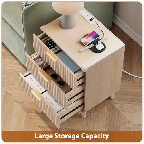 Lulive Wood Bedside Table w/Charging Station, 3 Drawers Fluted Dresser - color: Natural Oak, size: 3 Drawers-Set of 1 Nightstand