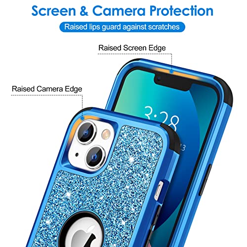 Hython Case for iPhone 13 Case Glitter, Cute Sparkly Shiny Bling Sparkle Cover, Heavy Duty 3 in 1 Hybrid Hard PC Soft TPU Bumper Full Body Shockproof Protective Phone Cases for Women Girls, Blue - color: Blue