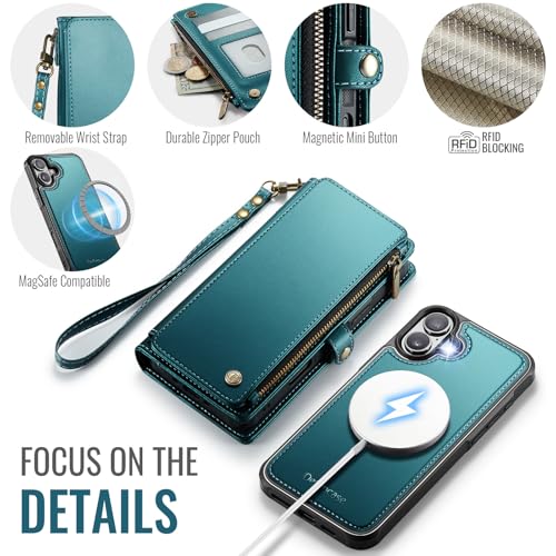 Defencase for iPhone 17 Phone Case Wallet Compatible with Magsafe, Green | Magnetic Detachable, Drop-Proof Protective Wallet Cases Cover, with RFID Bolcking Card Holder, Zipper Strap, Soft PU Leather - color: (Detachable with Magsafe)-Blue Green