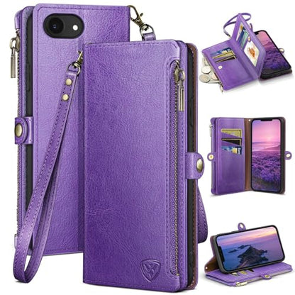 XcaseBar Compatible with ‌iPhone 16e 6.1"/17e 6.1" Wallet case with Zipper Credit Card Holder【RFID Blocking】,Flip Folio Book PU Leather Phone case Shockproof Cover Women Men for Apple 16e case Purple - color: Purple