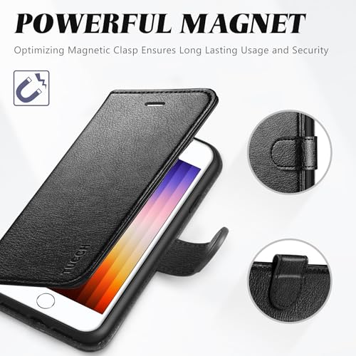 TUCCH Case Wallet for iPhone SE 2022/ iPhone 7/8/SE 2020, Textured Black | 3 Card Holders, Kickstand, PU Leather, Shockproof TPU Shell, Magnetic Closure, Protective Folio Cover - color: Black - Textured