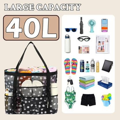 GYEUKHAM Mesh Beach Bag for Women, Sand-Resistant Pool Tote, 9 Pockets (1 Inner Zip), Foldable Family Travel Essentials - color: L-dot