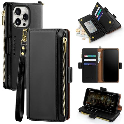 Antsturdy for iPhone 13 Pro Phone Wallet Case Women,Black | RFID Blocking,with Credit Card Holder Slots,PU Leather Purse,Zipper Pocket,Wrist Strap Kickstand,Flip Folio Cover for Men - color: Black