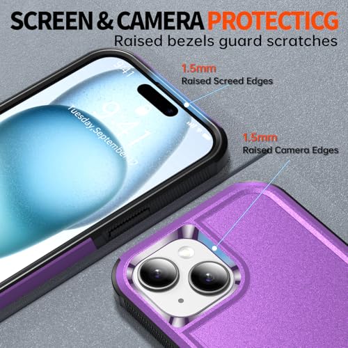 AEDILYS® for Apple Recommend Shockproof iPhone 15 Case,[15 FT Military Grade Drop Protection],with 2X [Kevlar® 9H Glass Screen Protector] (Purple) - color: Purple