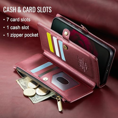 Defencase for Samsung Galaxy S25 Wallet Case with RFID Card Holder, WineRed | Durable Soft PU Leather, with Zipper Pocket, Wrist Strap, Fashion Snap Flip S25 Phone Cases Cover with Stand for Women Men - color: Wine Red