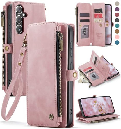Defencase for Samsung Galaxy S25 Wallet Case with RFID Card Holder, Pink | Durable Soft PU Leather, with Zipper Pocket, Wrist Strap, Fashion Snap Flip S25 Phone Cases Cover with Stand for Women Men - color: Airy Rose Pink