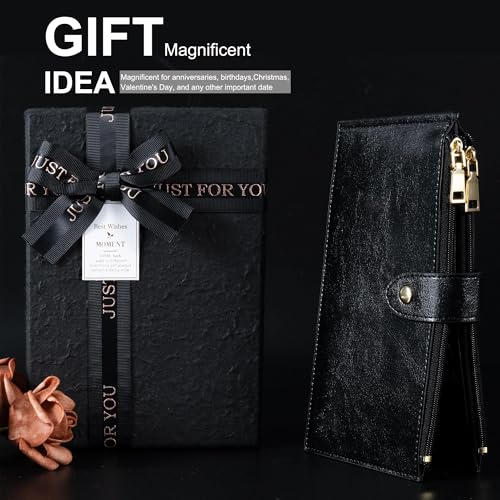 Travelambo RFID Wallet Women Large Size Bifold Multi Card Wallet Case with Zipper Pocke Credit Card Holder for Women - color: Black Wax Leather