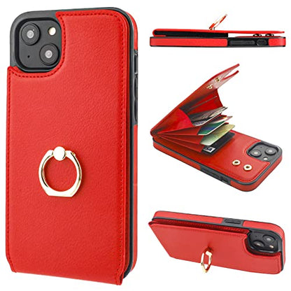 Folosu Compatible with iPhone 14 Plus Case Wallet with Card Holder, 360°Rotation Finger Ring Holder Kickstand, RFID Blocking Leather Protective Double Buttons Shockproof Cover 6.7 Inch Red - color: Red, size: iPhone 14 Plus