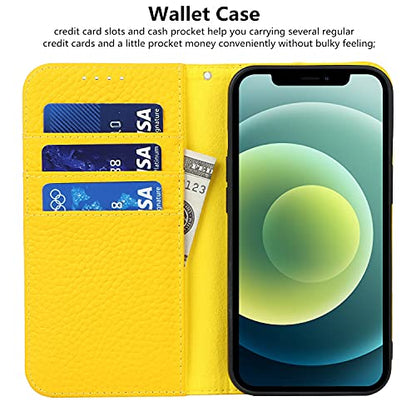 iCoverCase Compatible with iPhone 13 Wallet Case with Credit Card Holder and Wrist Strap, RFID Blocking Genuine Leather Flip Magnetic Phone Cover 6.1 Inch (Yellow) - color: 1-Yellow (No Headphone Storage Belt), size: iPhone 13