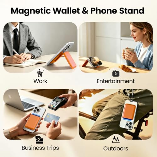 MagSafe Wallet Stand RFID Card Holder Thin Leather with Strong Magnets - color: Orange