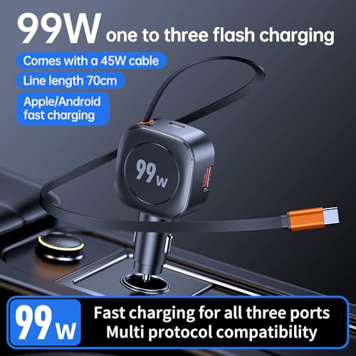 FMIIFMS Retractable Car Charger, 99W USB C Car Charger Adapter, 3-in-1 Multi Port Fast Charging Car Accessories Compatible with iPhone 17/16/15 Series