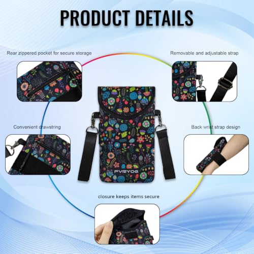 Neoprene Phone Sleeve Pouch Case Bag for Men Women w/Crossbody Strap/Neck Lanyard for iPhone 17/16/15/14 Pro Max, Samsung S25，Pixel 10 - color: Black Flower Cell Phone Sleeves