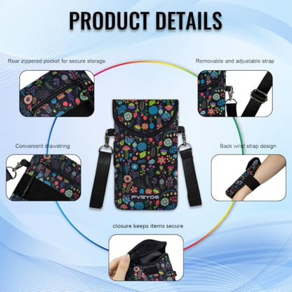 Neoprene Phone Sleeve Pouch Case Bag for Men Women w/Crossbody Strap/Neck Lanyard for iPhone 17/16/15/14 Pro Max, Samsung S25，Pixel 10 - color: Black Flower Cell Phone Sleeves