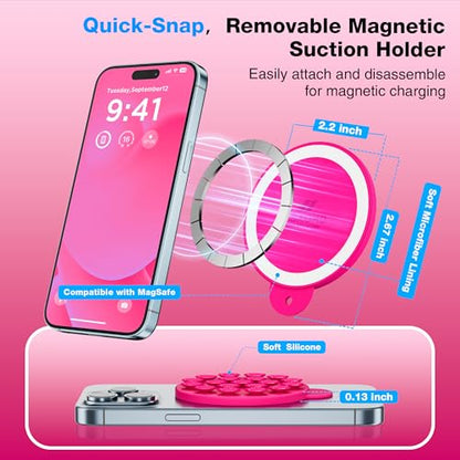 Magnetic Suction Cup Phone Mount, Compatible with MagSafe, Silicone Octo Cup Buddy Sticky Grip Holder for iPhone and Android, Removable Hands-Free Phone Stand Selfie/Video for TikTok, Neon Pink - color: Neon Pink