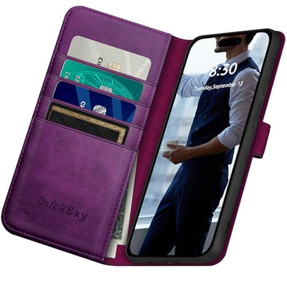 DuckSky Compatible with iPhone 17 Pro Max 6.9" Genuine Leather Wallet case【RFID Blocking】【4 Credit Card Holder】【Real Leather】 Flip Phone case Cover Women Men for Apple 17 Pro Max case Purple - color: Purple