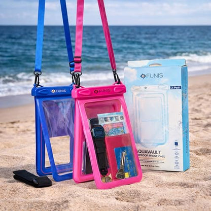 AQUAVAULT Floating Waterproof Phone Pouch, IPX8 Underwater, Large, 2 Pack | Underwater Phone Pouch with Dual Compartment for Phone & Valuables, Armband + Lanyard, Fits iPhone 17/16/15 Pro Max, S26/S25 - color: Blue and Pink