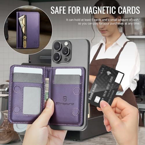 Strapurs Magnetic Card Holder Compatible with MagSafe Phones and Cases, PU Leather Phone Wallet for iPhone 17/16/15/14/13/12/Pro/Max/Plus/Air, 4 Card Slots RFID Blocking with Zipper Pocket - Purple - color: Purple