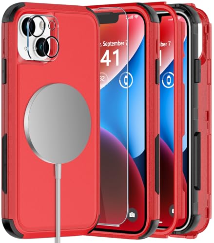 Diverbox Compatible iPhone 14 Phone Case,for iPhone 14 Magnetic Case [with Screen Protector & Camera Lens Protector ] Heavy Duty Phone Case for iPhone 14 (Red) - color: Magnetic Red