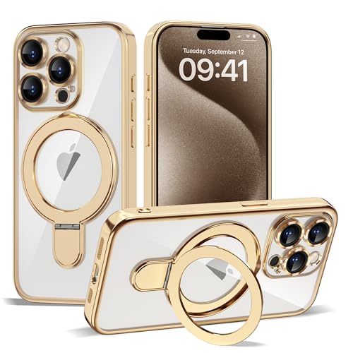 Compatible with iPhone 15 Pro Max Case with Invisible Magnetic Ring Stand [Compatible with Mag-Safe] [Full Camera Lens Protector] Plating Clear Phone Case for iPhone 15 Pro Max 6.7", Gold - color: Gold, size: Iphone 15 Pro Max
