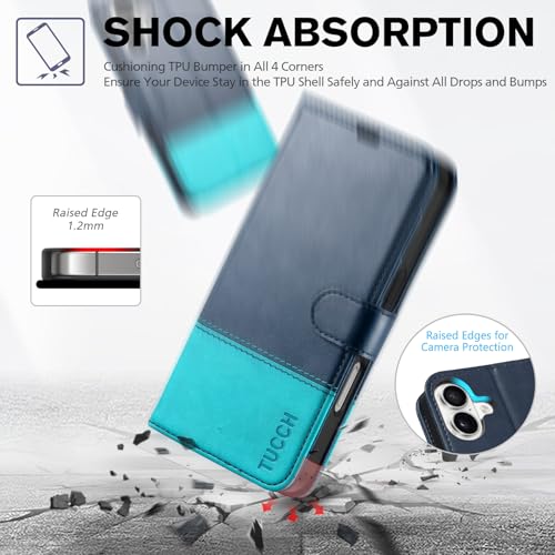TUCCH Wallet Case for iPhone 16 (6.1") 2024, 4 Card Slots, Blue & Lake Blue | RFID Blocking, Viewing Stand, Shockproof TPU Shell, PU Leather, Magnetic Closure, Protective Folio Flip Cover - color: Two-tone Blue & Lake Blue
