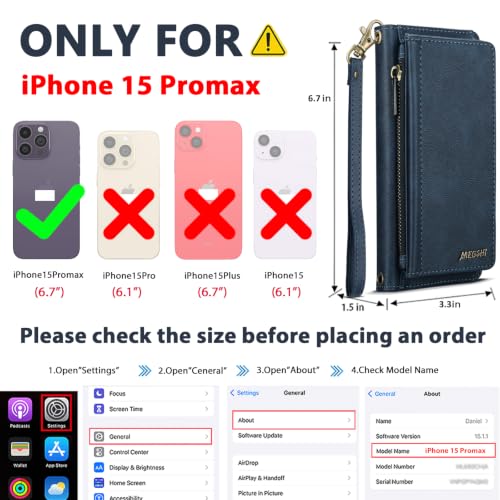 for iPhone 15 Pro Max Wallet Case, Detachable Magnetic Shockproof Phone Case,Faux Leather Crossbody Wallet,with RFID Blocking，Zipper Card Holder，Shoulder Strap (Dark Blue) - color: Darkblue, size: iPhone 15 Pro Max