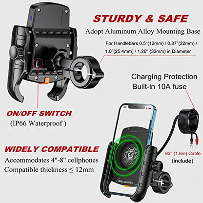 BRCOVAN Motorcycle Phone Mount Holder with Wireless & USB-C Charger