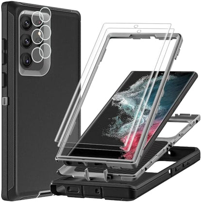 for Samsung Galaxy S22 Ultra Case with 2Pcs Self Healing Flexible TPU Screen Protector & Camera Lens Protector, 3 in 1 Heavy Duty Shockproof/Drop Proof/Dust Proof Case (Black/Grey) - color: Black/Grey