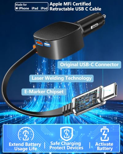 Apple MFi Certified 90W Retractable Car Charger USB C，iPhone 18 Car Charger - size: 2.7FT