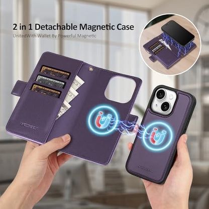 Antsturdy Compatible with MagSafe iPhone 14 Wallet Case,Purple | Detachable Magnetic Credit Card Holder,RFID Blocking,PU Leather Zipper Purse,Wrist Strap Kickstand,Flip Phone Cover for Women - color: (Detachable with Magsafe)-Purple