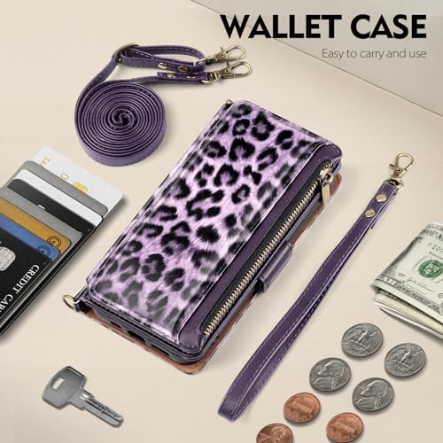 Antsturdy Crossbody Phone Wallet Case for iPhone 15 Pro Max,Leopard-Purple | RFID Blocking,PU Leather Flip Cover,Kickstand,with Credit Card Holder,Wrist Strap Lanyard & Handbag Purse,for Women & Men - color: (Crossbody) - Leopard-Purple
