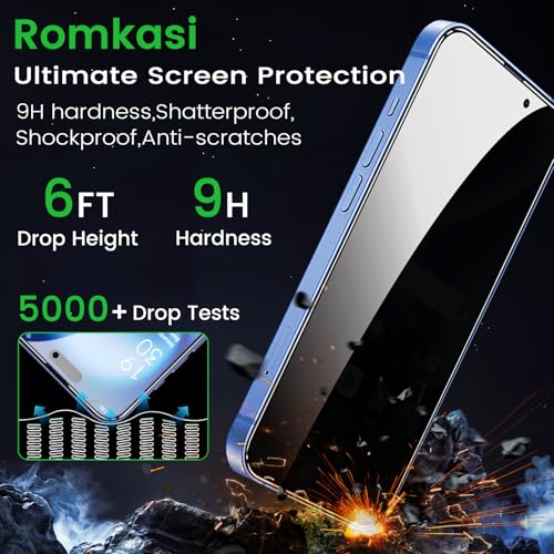 Romkasi 4 Pack Privacy Screen Protector for iPhone 16 Plus 6.7 Inch with 4 Pack Camera Lens Protector, Anti Spy Tempered Glass Film, Anti-Scratch, Touch Sensitive, Case Friendly - color: iPhone 16 Plus