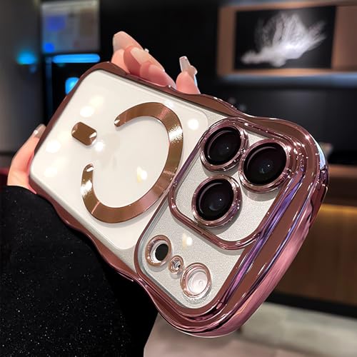 Magnetic for iPhone 17 Pro Max Case Clear Supports Wireless Charging Anti Yellow Wave Frame 17 Pro Max Case with Camera Len Protector Luxury Plating Soft TPU Shockproof Phone Cover 6.9", Titanium Pink - color: Pink