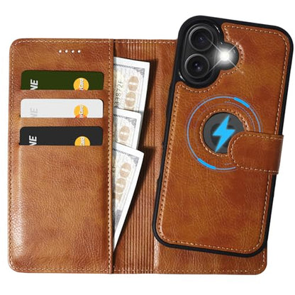 2 in 1 PU Leather for iPhone 17 Case, Detachable Wallet Case with Card Holder, Removable Flip Folio Cover with RFID Blocking, Stand Shockproof Phone Cover（Compatible with MagSafe） Brown - color: Brown, size: Iphone 17