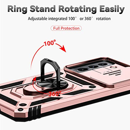 for Samsung Galaxy S22 Case with Camera Lens Cover HD Screen Protector, Dual Layer Military-Grade Drop Tested Magnetic Ring Holder Kickstand Protective Phone Case for Samsung Galaxy S22 5G (Rose Gold) - color: Rose Gold with camera cover Military-Grade 2n