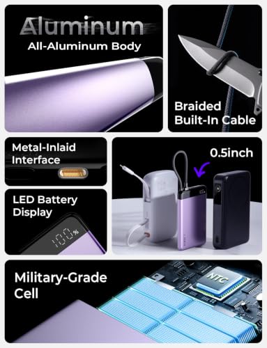 LISEN CCC Certified [Metal Alloy] 0.5" Ultra Slim 10000mAh Power Bank 3C, TSA Approved Airplane Travel Essentials, Portable Charger USB C Fast Charging for iPhone 17 16 15 Pro Samsung Galaxy,Purple - color: Purple
