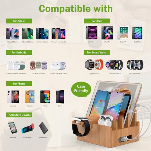 Pezin & Hulin Bamboo Charging Stations with 5 Port USB Charger & 5 Cables - color: Dock Rack +HUB +Cables
