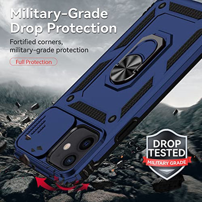 for iPhone 12 Mini Case with Camera Lens Cover HD Screen Protector, Dual Layer Military Grade Drop Protection Magnetic Ring Holder Kickstand Protective Phone Case for iPhone 12 Mini 5.4 inch (Navy) - color: Navy Blue with camera cover Military-Grade 2nd g
