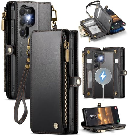 Defencase for Galaxy S22 Ultra Case Wallet Compatible with Magsafe, Black | Magnetic Detachable, RFID Bolcking Card Holder, Zipper Strap, PU Leather Drop-Proof Phone Cover for Samsung Galaxy S22 Ultra - color: (Detachable with Magsafe)-Black