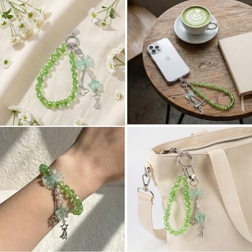 Crystal Beaded Phone Wrist Strap, Cute Cellphone Lanyard Chain, Bow Keychain Wristlet Bag Charms for Women - color: Green