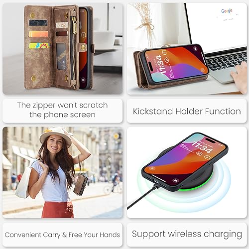 Compatible with iPhone 15 Pro Max Wallet Case with Magsafe,Coffee | Magnetic Detachable Case,Card Holder,Zipper Pocket,Strap Wristlet, Soft Leather Drop-Proof Phone Case for iPhone 15 Pro Max - color: Coffee, size: iPhone 15 Pro Max 6.7"