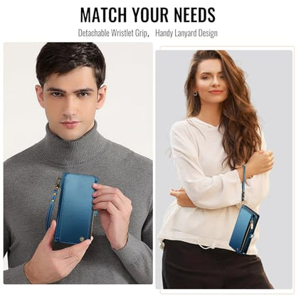 Defencase for iPhone 17E & 16E Wallet Phone Case with Card Holder, DarkBlue | Durable Soft PU Leather, with RFID Blocking Zipper Pocket, Strap, Magnetic Snap Flip Cases Cover with Stand for Women Men - color: Dark Blue