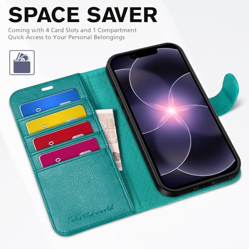 TUCCH Wallet Case for iPhone 17e/iPhone 16e (6.1"), 4 Card Slots, Cyan | RFID Blocking, Viewing Stand, Shockproof TPU Shell, PU Leather, Magnetic Closure, Protective Folio Flip Cover - color: Textured Cyan