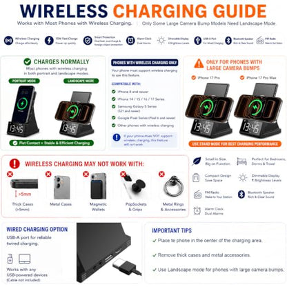 8-in-1 Wireless Charger, Alarm Clock, Bluetooth Speaker & FM Radio