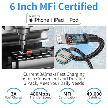 Bkduice 6 Inch USB C to Lightning Cable Short, 3 Pack MFi Certified Braided 0.5ft Type C to Lightning Cable Fast Charging for iPhone 14 13 12 11 Pro Max XR XS SE