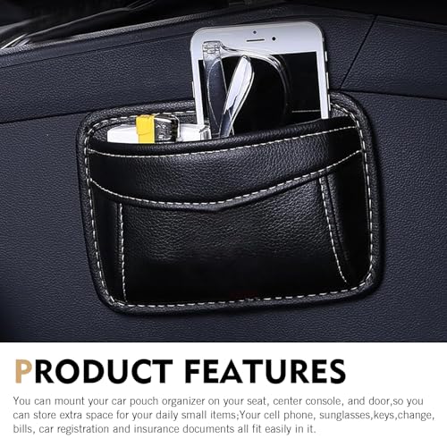 Car Seat Side Pocket Organizer, Black PU Leather Mini Auto Seat Storage Bag, Pen Phone Holder Tray Pouch Vehicle Seats Gap Filler, Universal Organize for Documents Registration Notepad